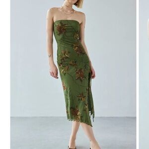 Urban Outfitters Green Floral Strapless Dress